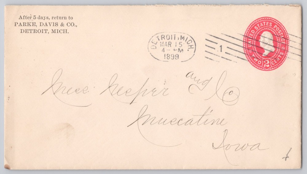 Detroit, Mich 2c cover to Muscatine, Iowa (Keefer), Un 1899 Postal History