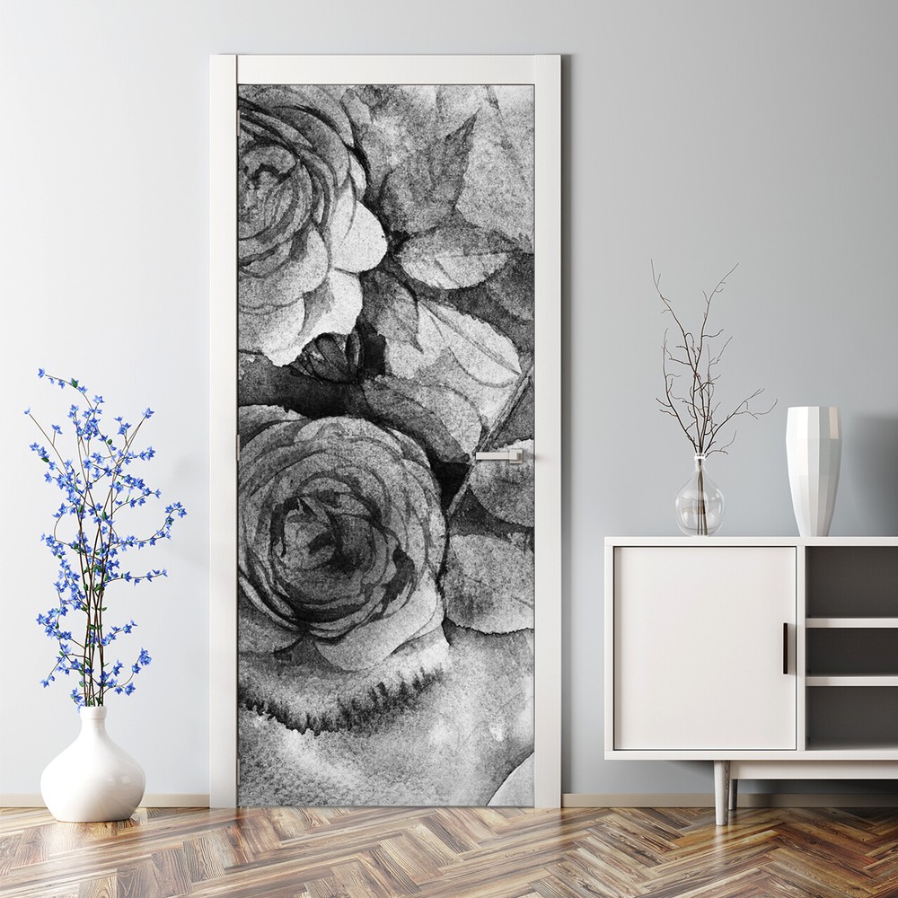 Decal Decor  Black And White Roses Bouquet Bubble Free Door sticker Decal Decor