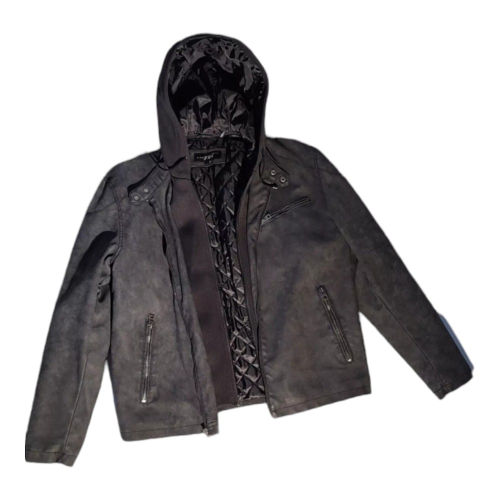 Black Rivet Faux Leather Bomber Detachable Jacket Hoodie Mens Size Xl