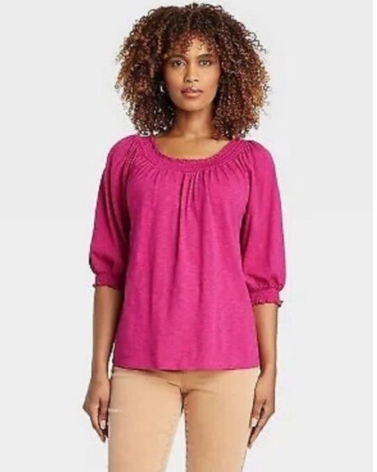 Knox Rose - Women's Bishop 3/4 Sleeve Smocked Top - Magenta - Large