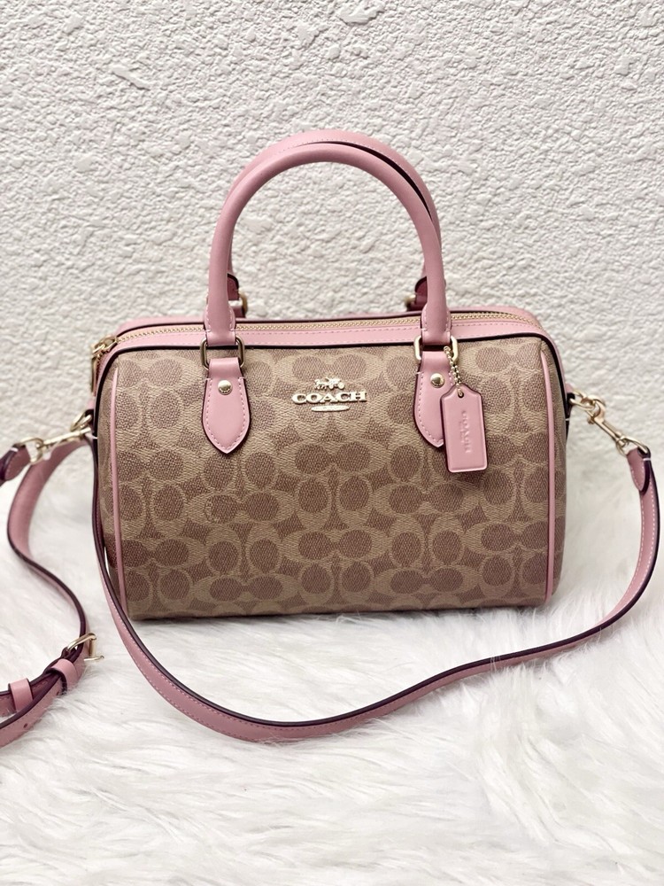 Coach Rowan Satchel in Signature Canvas Tan & Pink Petal NWT CV961