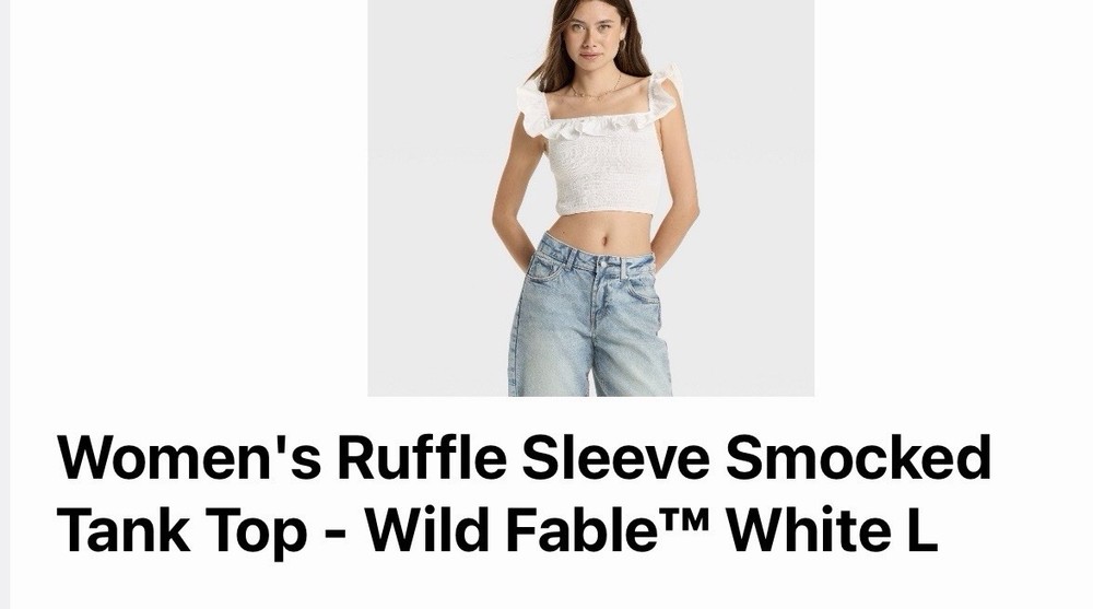 Wild Fable Ruffle Sleeve Smocked Cropped Tank Top Square Neck White L