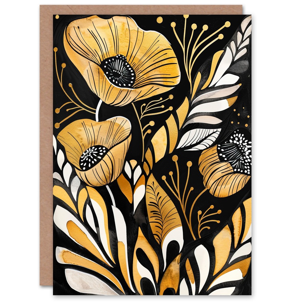 Greeting Card Abstract Poppies Gold Black Floral Watercolour Birthday