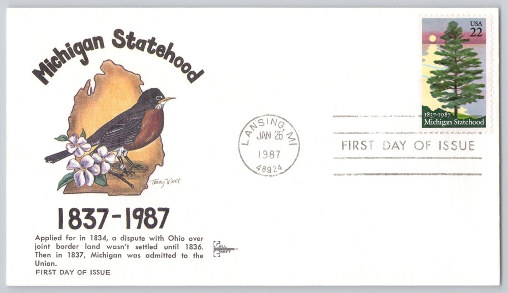 Lansing, MI Michigan Statehood cachet with robin & appleblossom, Modern 1987