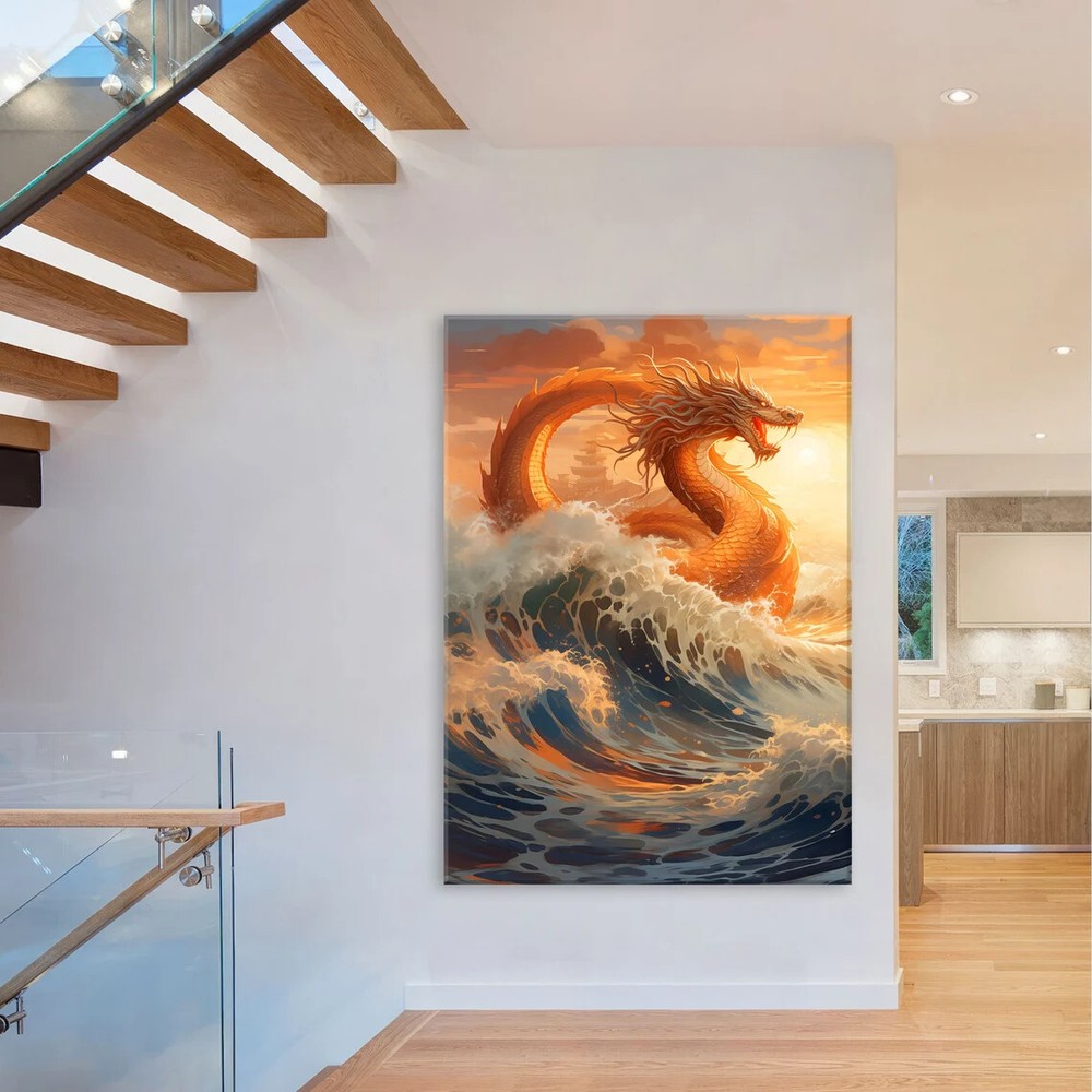 Chinese Golden Dragon Waves Abstract Paint Wall Art Canvas Unframed Print Art