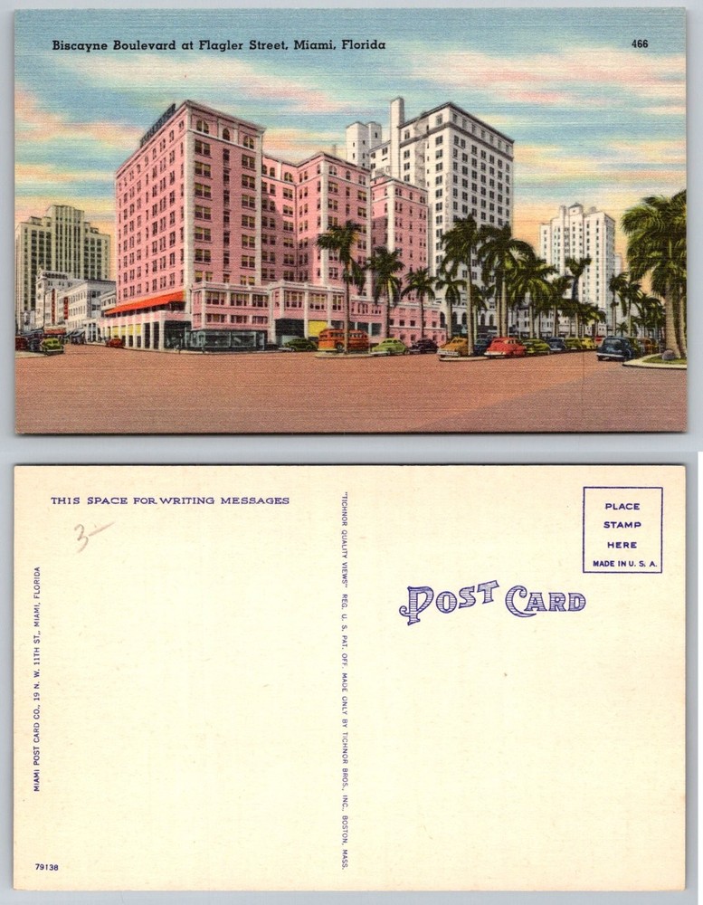 Biscayne Blvd Flagler Street Miami FL Linen Postcard Tichnor Bros 1930s 40s