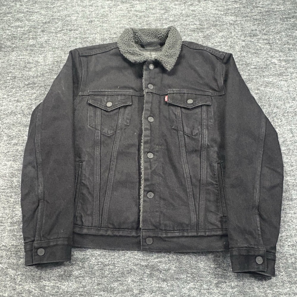 Levis Sherpa Lined Trucker Jacket Mens M Black Denim Type 3 Fleece Lined Coat