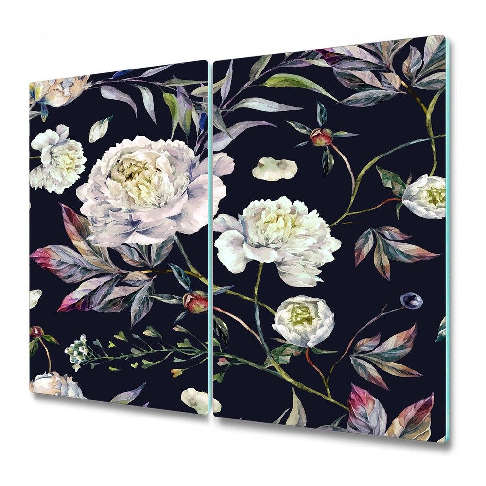 Tempered Glass Chopping Board Watercolour White Peonies Elegant Dark Art 2x30x52