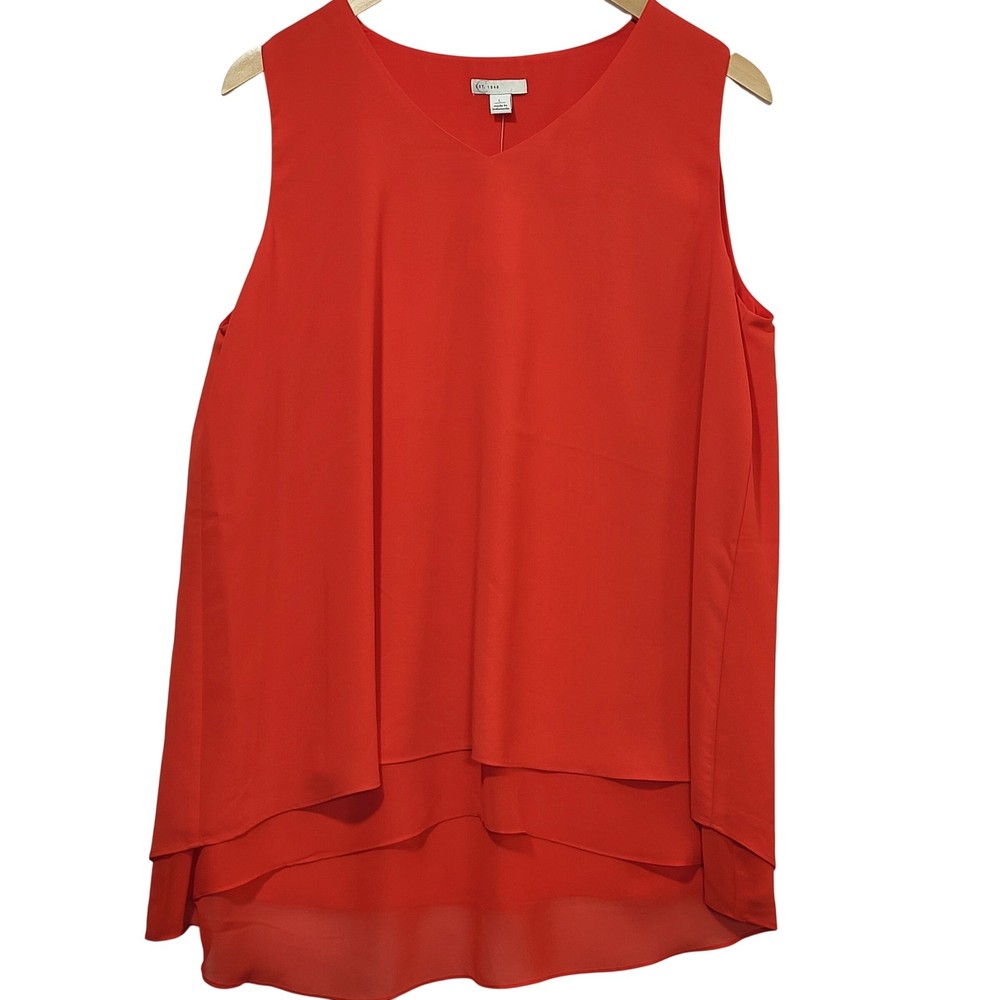 Est 1946 Womens Fiery Red Sleeveless V-Neck Layered Chiffon Blouse L NEW