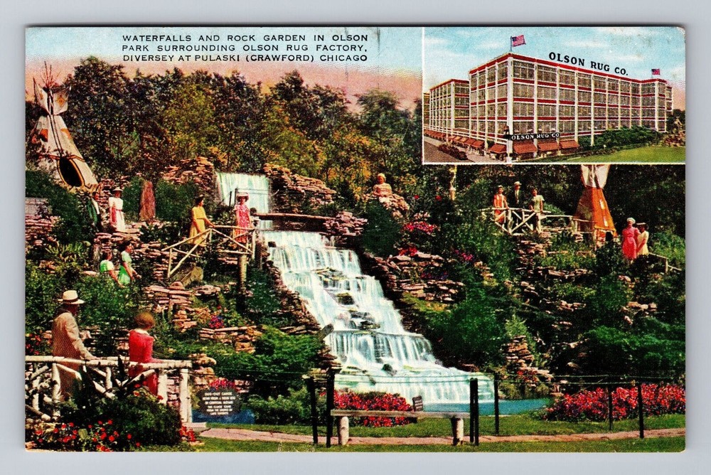 Chicago IL-Illinois Olson Park Waterfall and Rock Garden Vintage Postcard