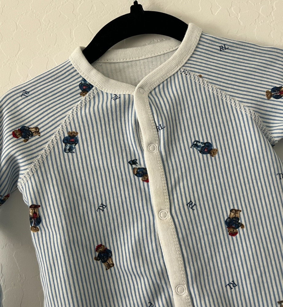 Ralph Lauren Baby Sleeper Blue Stripe Polo Bear Footed Pajamas Cotton 6M