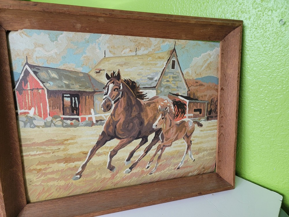 Vtg Mid Century Modern Paint By Numbers MCM Farm Horses Frame Art Painting