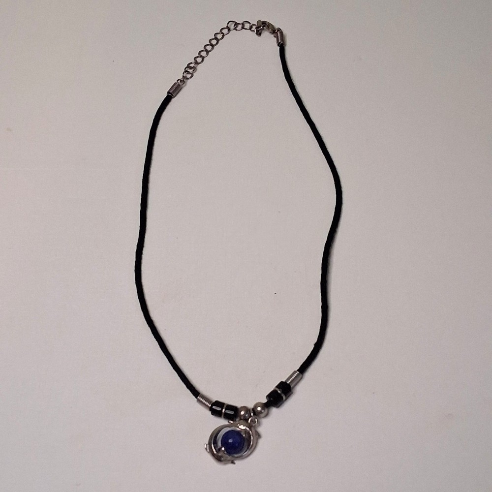 Dolphin Pendant Necklace Blue Stone Black Cord Silver Tone Vintage