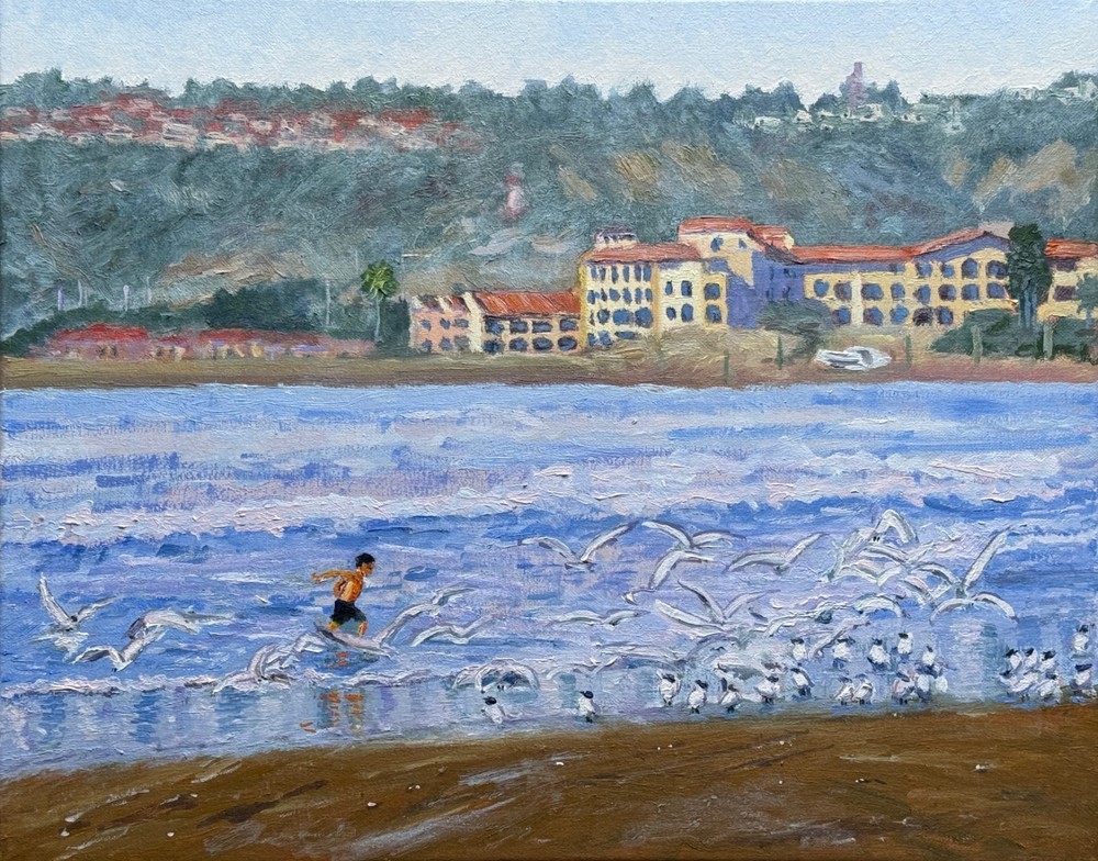 Original Oil Painting 16x20 Coastal Beach Scene Child Seagulls Stretched Canvas