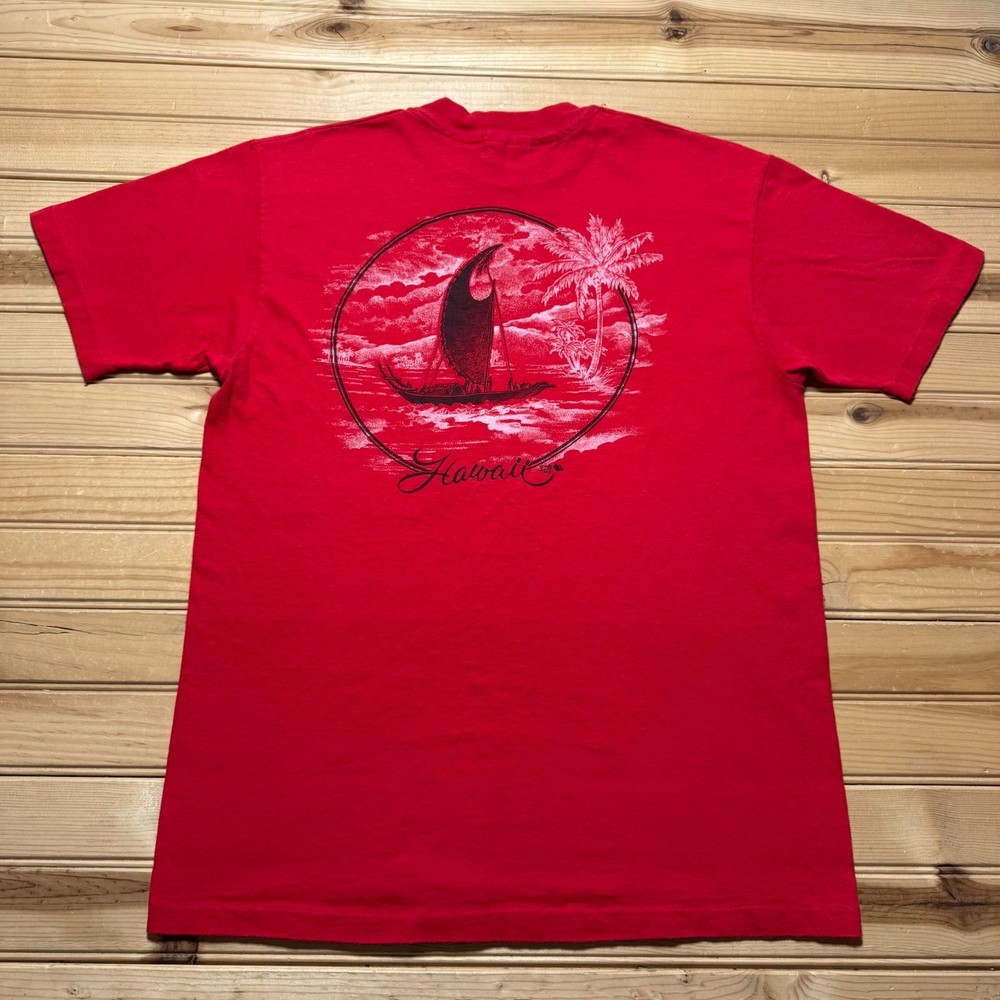 Vintage 80s Hawaii Sailboat Palm Tree Beach Tropical Souvenir T-Shirt USA Large