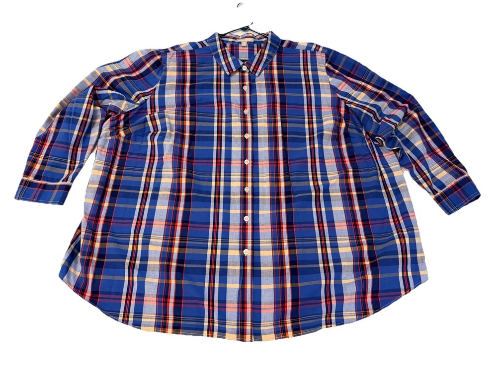 WOMAN WITHIN Women 3X 30/32 Plaid Button Up Shirt Long Sleeve Blue Red Tan