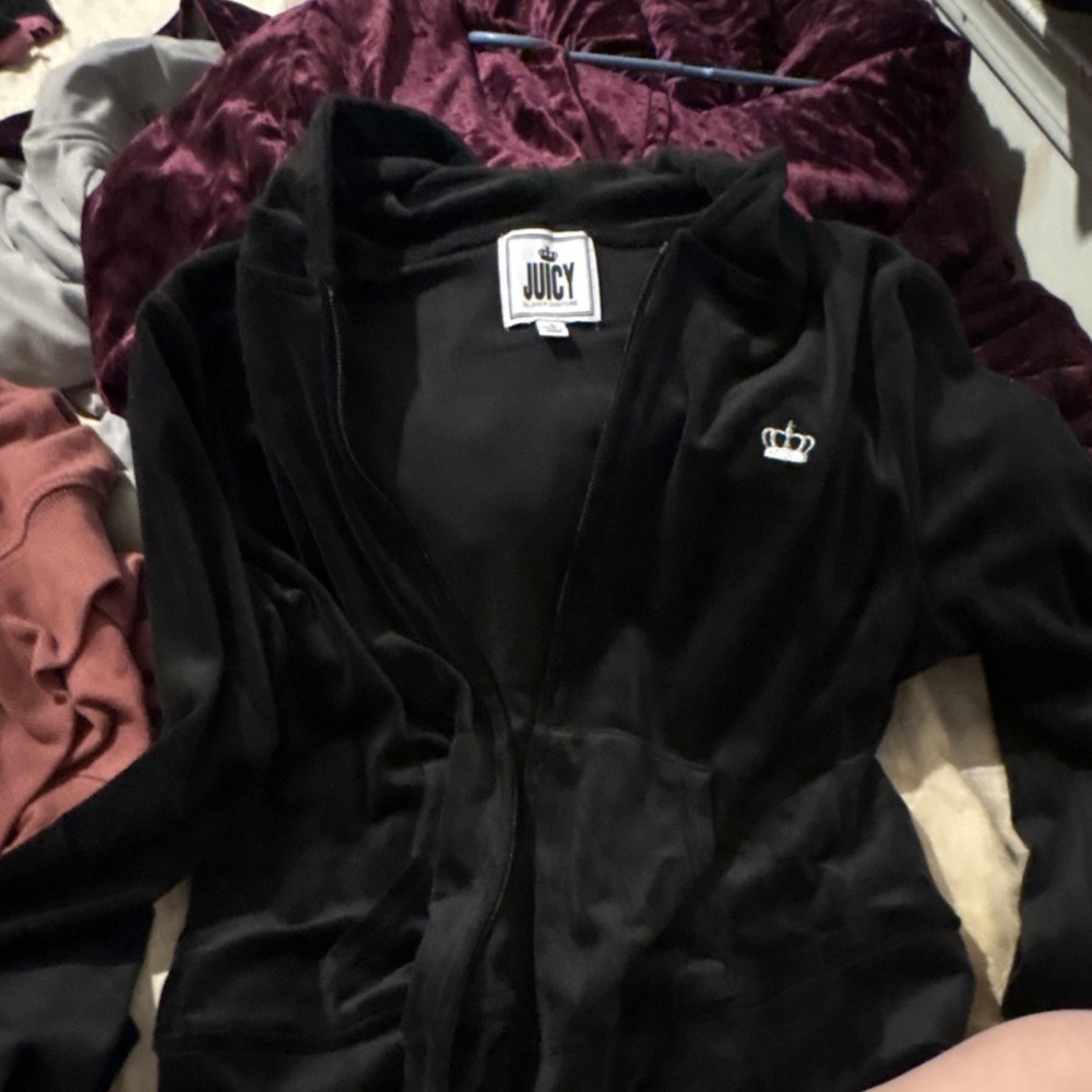 Juicy Couture Black Velour Full Zip Hoodie S Crown Logo Rhinestone Back