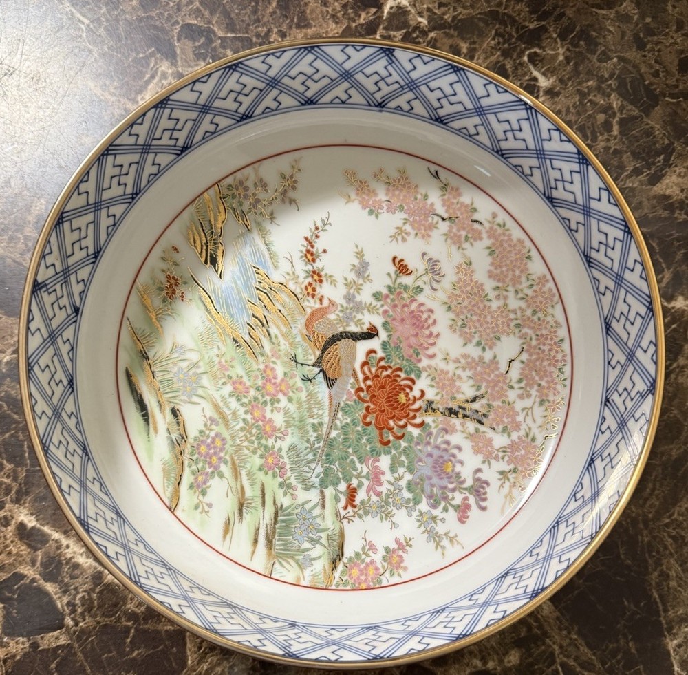 Vintage Japanese Kutani Porcelain Charger Plate Crane Floral Blue Gold