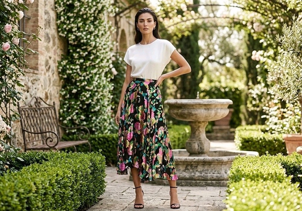 Saloni Ida B Hydrangea Silk Midi Skirt Floral Boho Classy
