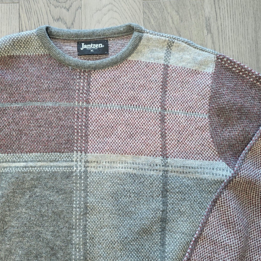 VTG Jantzen Plaid Knit Sweater Maroon Gray Men's XL Made in USA Wool Blend
