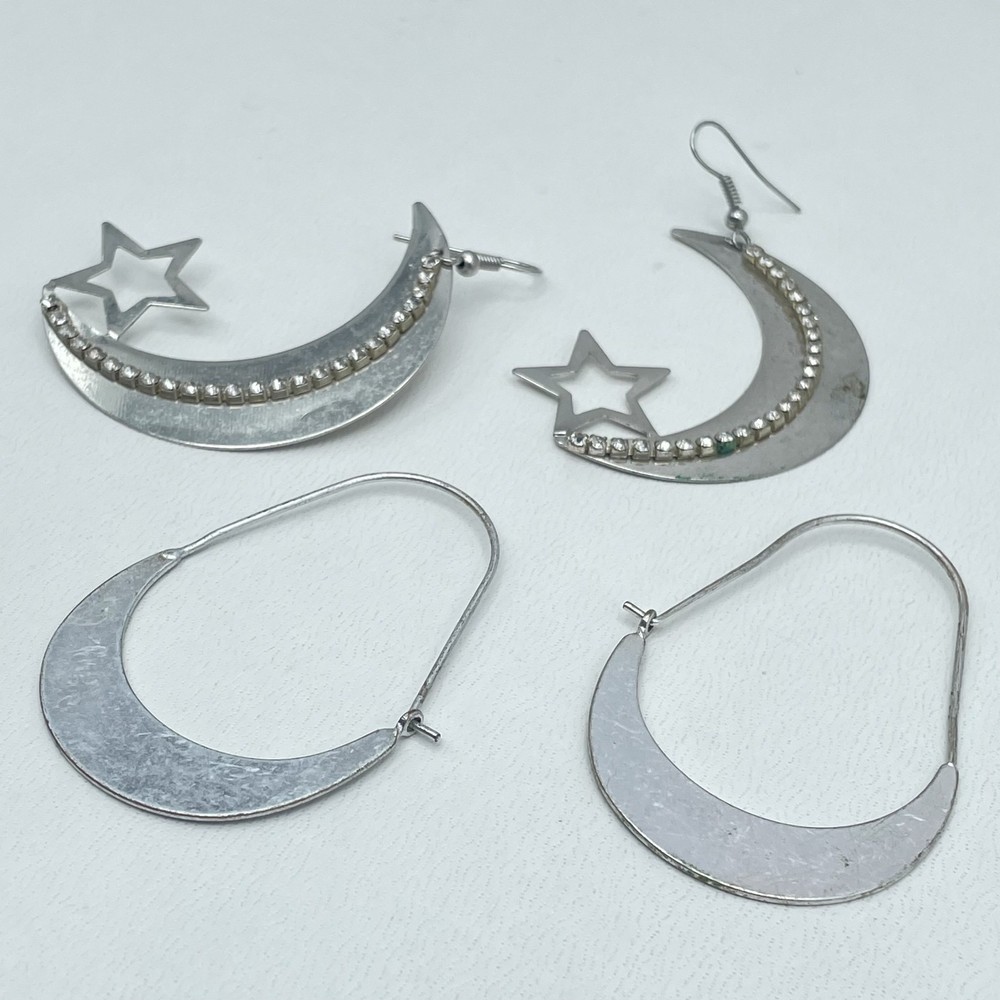 Vintage Boho Silver Moon and Star Drop Earrings Celestial Rhinestone Statement