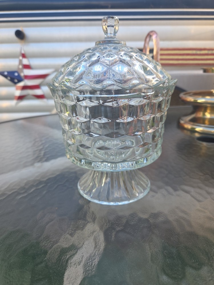 Vintage HOMCO Clear Glass Footed Pedestal Cubist Jar Candy Dish w/Lid EUC