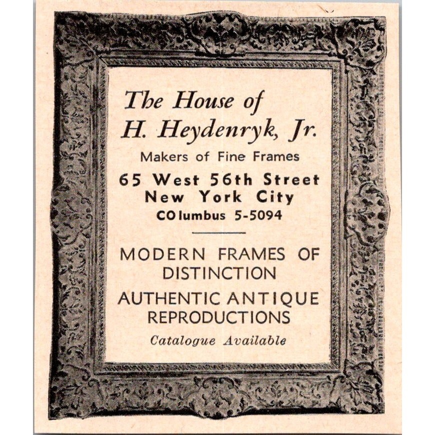 The House Of H Heydenryk Jr Makers Of Fine Frames New York City 1943 Ad SAJ5-M4