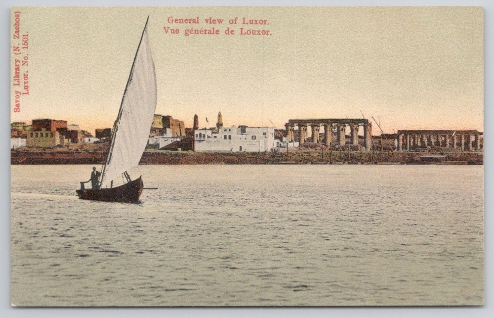 Luxor Egypt Nile River Felucca Boat Savoy Library N. Zachos Postcard