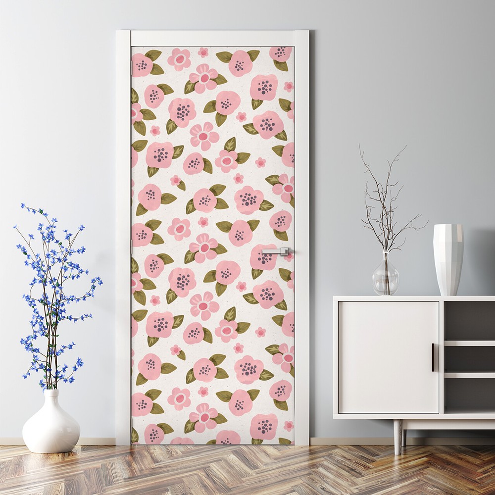 Cute Pink Floral Self-Adhesive Door Sticker for Renters - Bubble Free Design