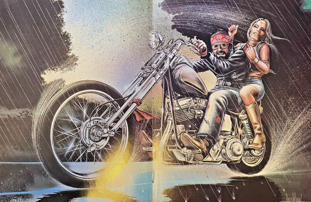 David Mann Poster Motorcycle Rider & Girl Passenger in Rain