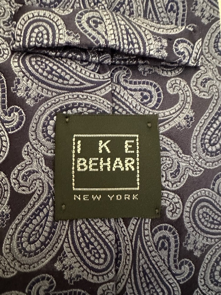 Ike Behar Tie Silk Brown Navy Blue Paisley 3.5