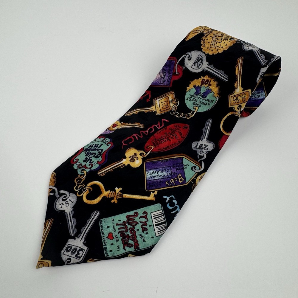 VTG Nicole Miller Motel Key Print Silk Necktie Novelty Tie Black 1993