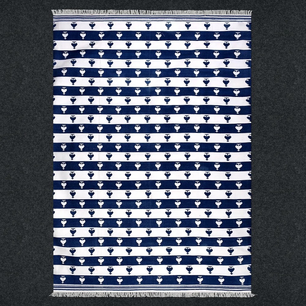 Handwoven Cotton Dhurrie Rug Color Blue and White Handmade Design Carpet Rug