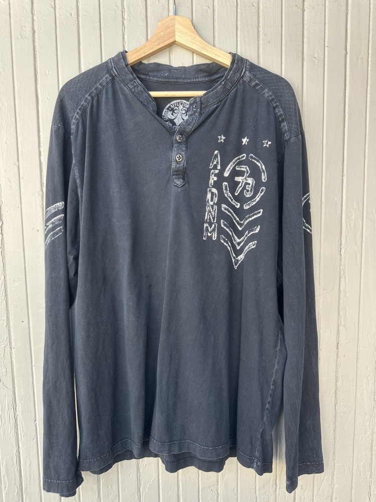 Affliction Long Sleeve Henley Shirt Skull Biker Graphic Gray Size XL Y2K