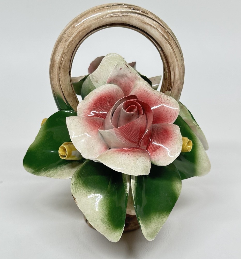 Vintage Italian Capodimonte Porcelain Yellow Pink Roses Flower Basket Sculpture