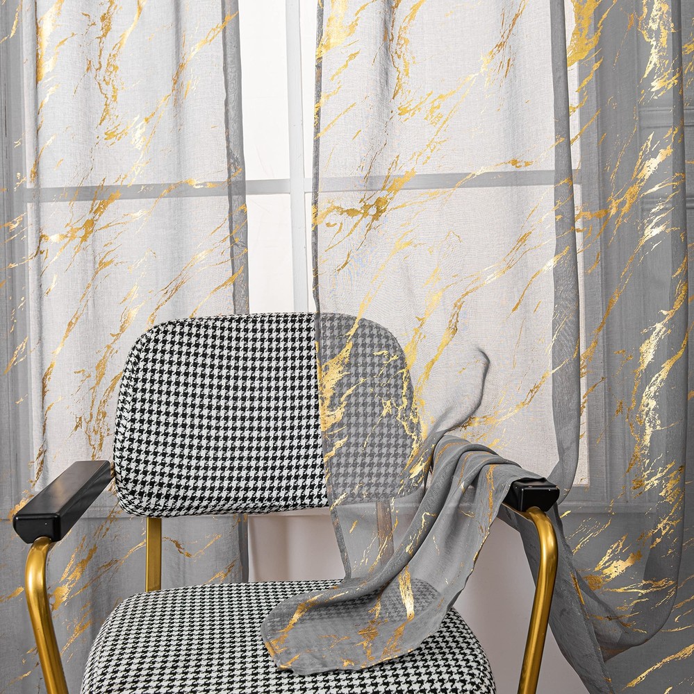 Marble Sheer Curtains 84 Inch Length 2 Panels Set, Gold Foil Print Metallic B...
