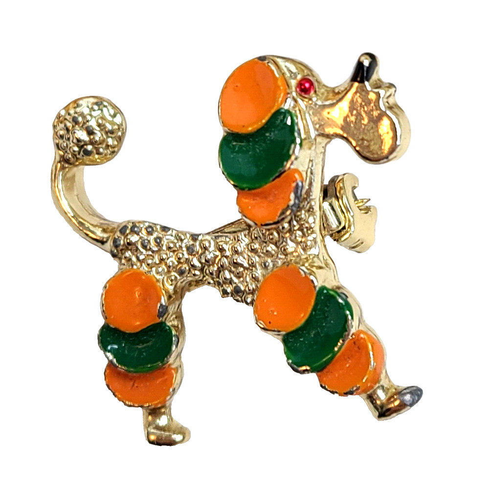 Vintage Enamel Poodle Pin | Gold-Tone Figural Dog Brooch, Red Eye Textured
