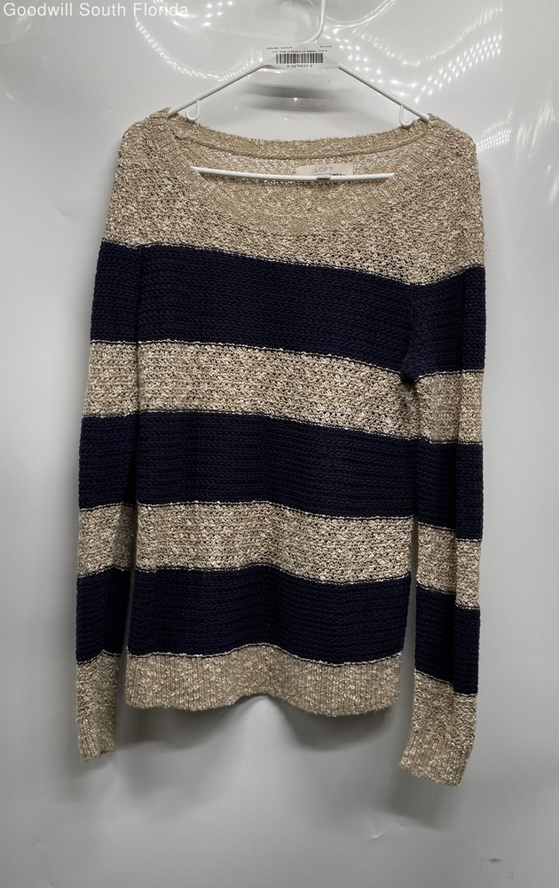 Ann Taylor Loft Womens Beige Blue Striped Cotton Knitted Pullover Sweater Size M