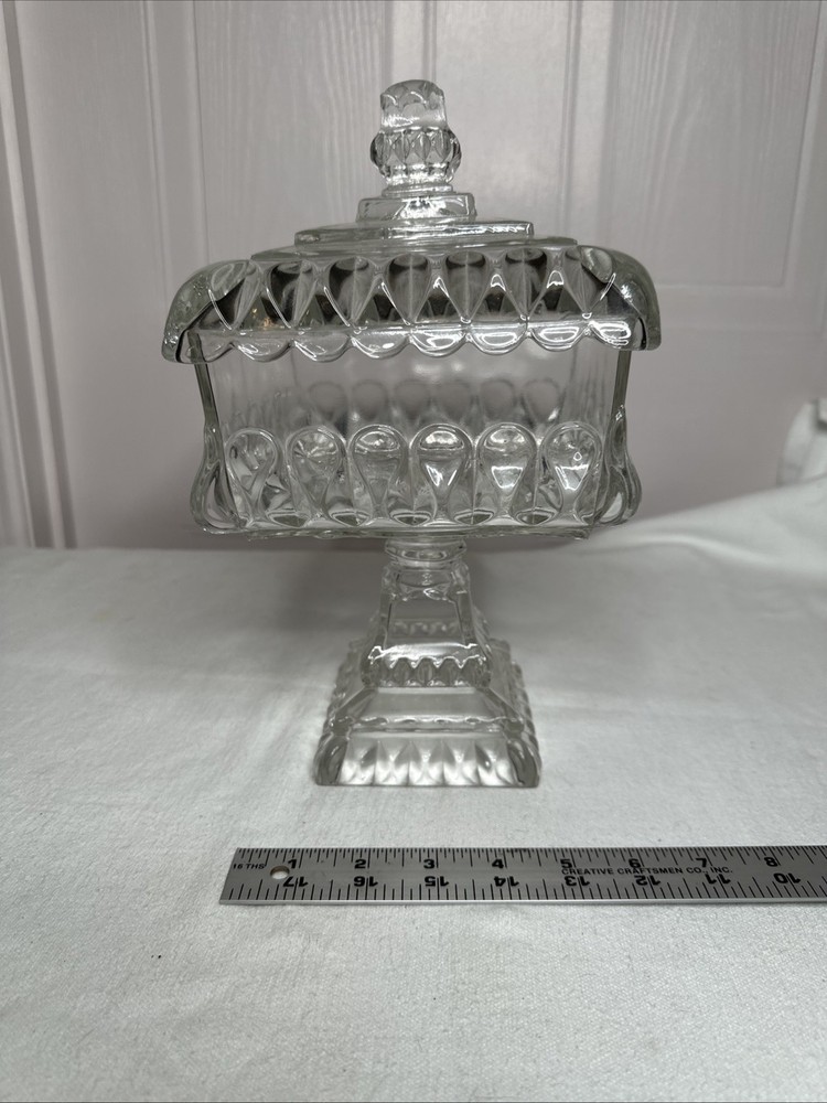 Vintage Jeannette Glass Wedding Box Square Pedestal Candy Dish with Lid Clear