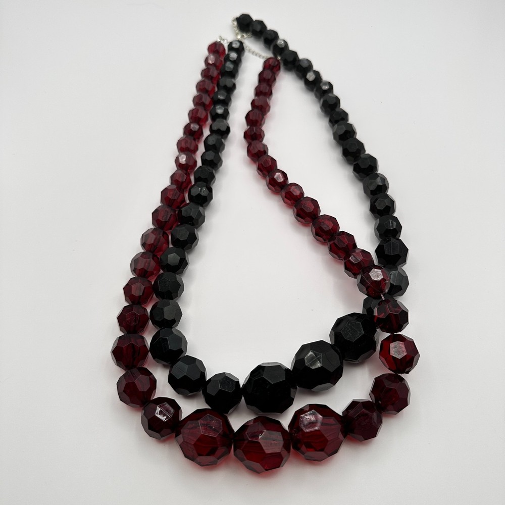 Vintage 90s Chunky Bead Necklaces Set Red &Black Glass Statement Fashion Jewelry