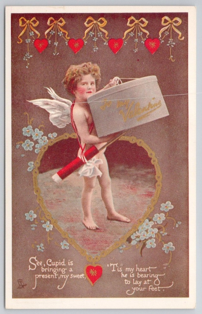 Edwardian Cupid Valentine Postcard Cherub Heart & Bows Unposted Reprint