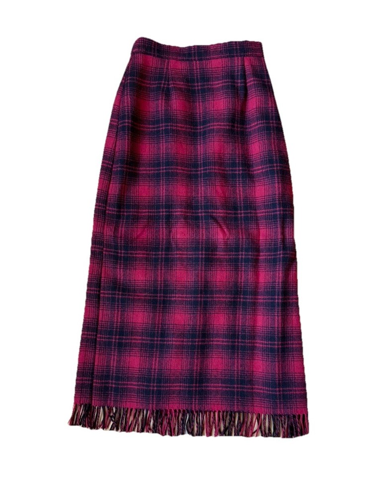 Woolrich Vintage 80’s Plaid Blanket Midi Skirt red black Fringe hem size 8 women