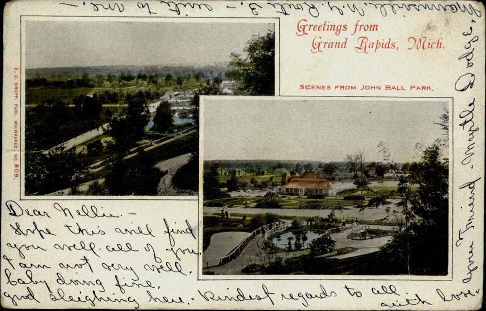 Grand Rapids Michigan Greetings two view mailed 1908 UDB vintage postcard