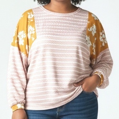 Womens XL Mustard Floral Print Long Sleeve Shirt Top Boho Chevron Sleeve boxy