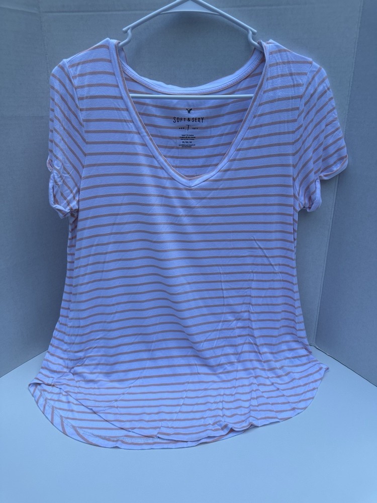 American Eagle Women’s Shirt Soft & Sexy Striped Short Sleeve Pink Size Medium