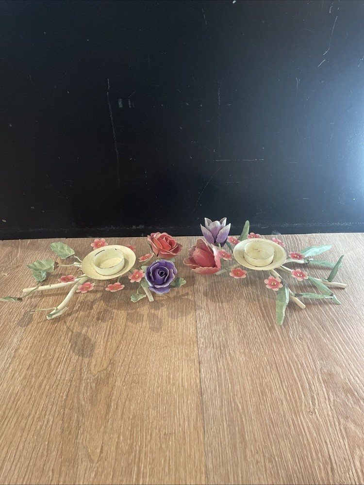 Vintage Set of 2  METAL TOLE CANDLE HOLDER Floral Roses SHABBY CHIC Farm House