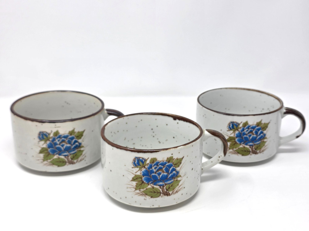 Vintage Japan Stoneware Coffee Mugs Set of 3 Blue Floral Speckled Brown Rim Cups
