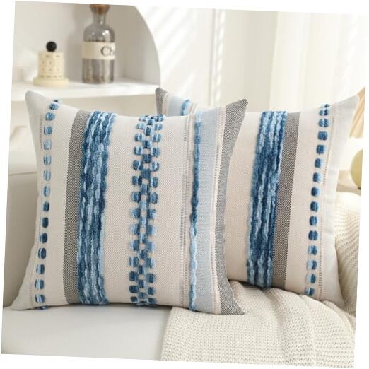 Boho Pillow Covers 18x18 Set of 2 for Couch-Modern Farmhouse Sofa Blue Stripe