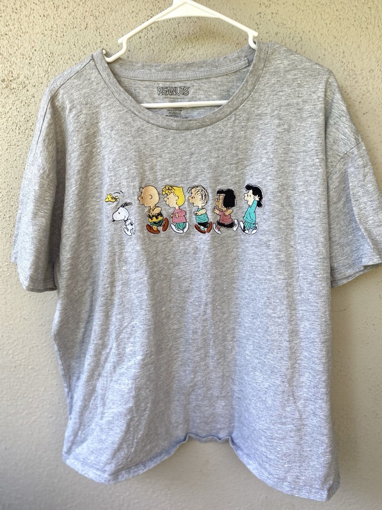 Peanuts Gray Cartoon Embroidered Short Sleeve Crew Neck T-Shirt Women's 3X Plus