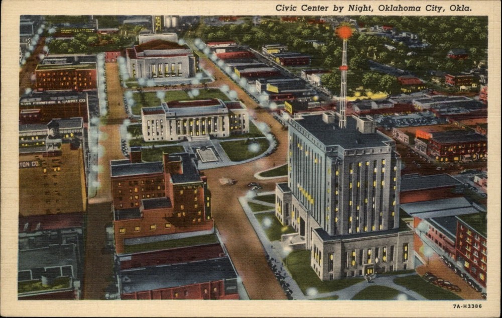 Oklahoma City Oklahoma ~ Civic Center ~ night aerial view ~ linen postcard